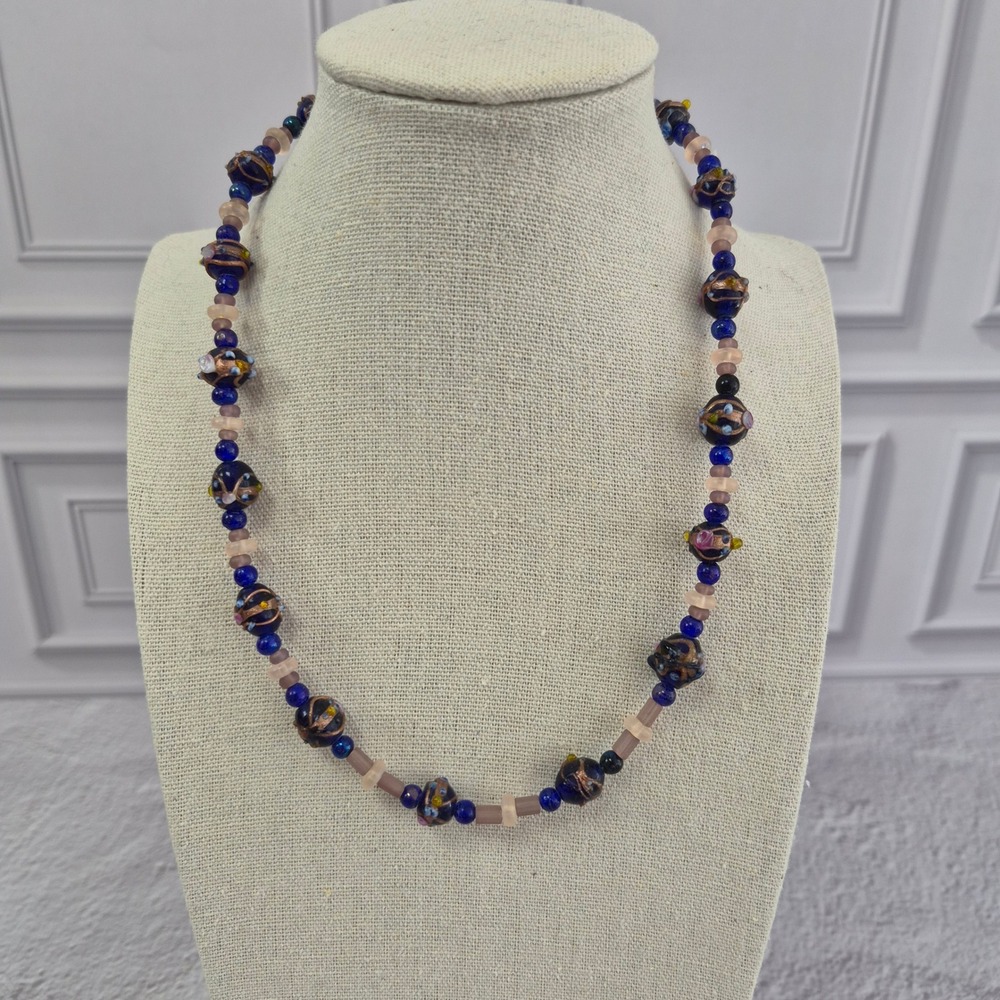 Artisan Lampwork Glass Beaded Necklace Blue Pink Copper Aventurine 16‎ Inch